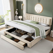 Letto con contenitore e cassetti in velluto beige; testiera regolabile; 180 × 200 cm
