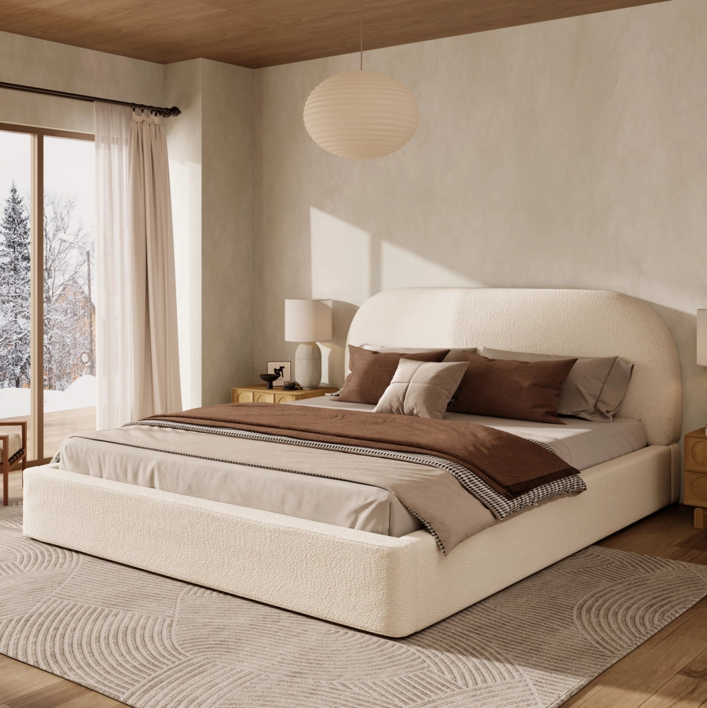 Letto imbottito in bouclé beige con rete a doghe; 223 × 200 × 98.5 cm