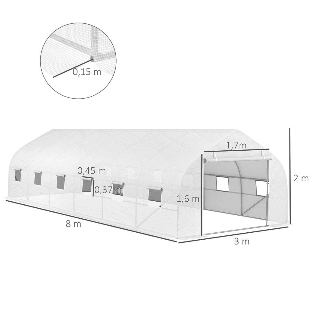 Serre de jardin tunnel grande taille avec bâche PE cadre en acier porte enroulable et 12 fenêtres 8 x 3 x 2 m blanc