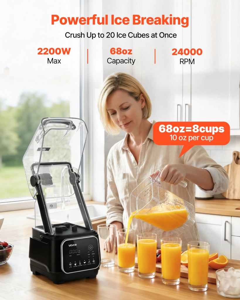 HS-608C Frullatore Elettrico da Tavolo 2 L 2200 W per Frullati e Succhi di Frutta, Multifunzionale e Facile da Pulire, Nero