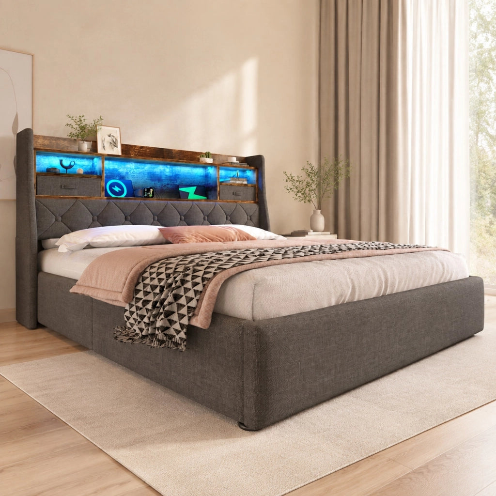 Letto imbottito con contenitore e testiera LED