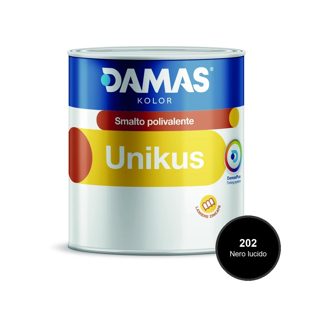 Damas unikus lucido smalto polivalente zincato alluminio plastica pvc *** formato 0,750 lt, colore- 202 nero lucido, ...