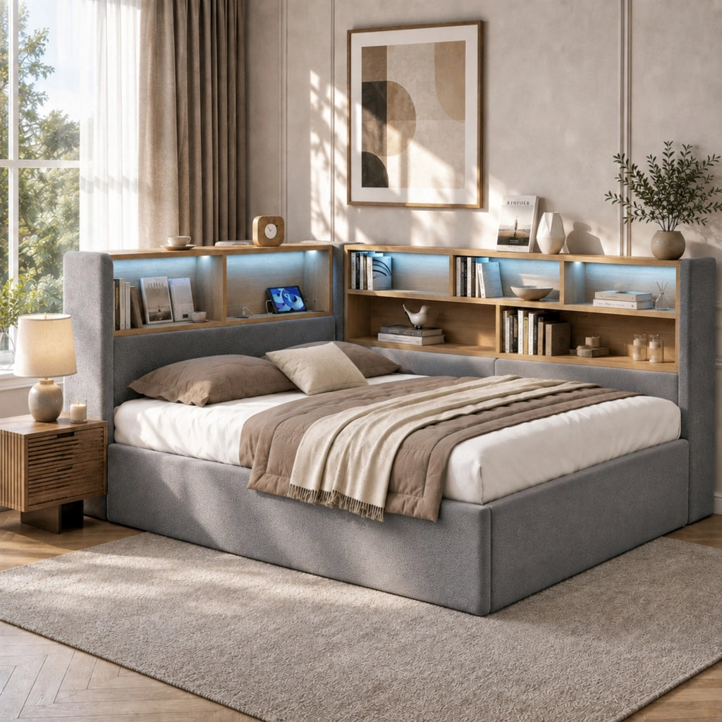 Letto per bambini con contenitore idraulico in velluto grigio con LED USB e porta type-c