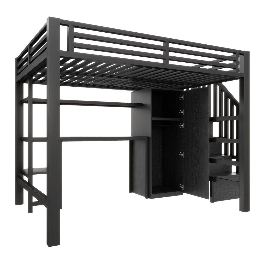 Letto a Soppalco con Scrivania, Libreria e Armadio ¨C MINIMAL ¨C Metallo Nero 140x200