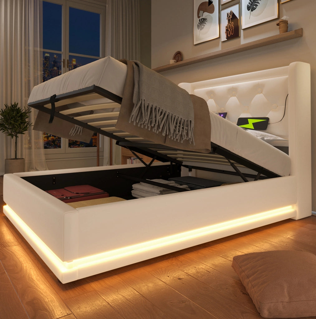 Letto contenitore 90 × 200 cm in PU bianco con LED; USB e Type-C