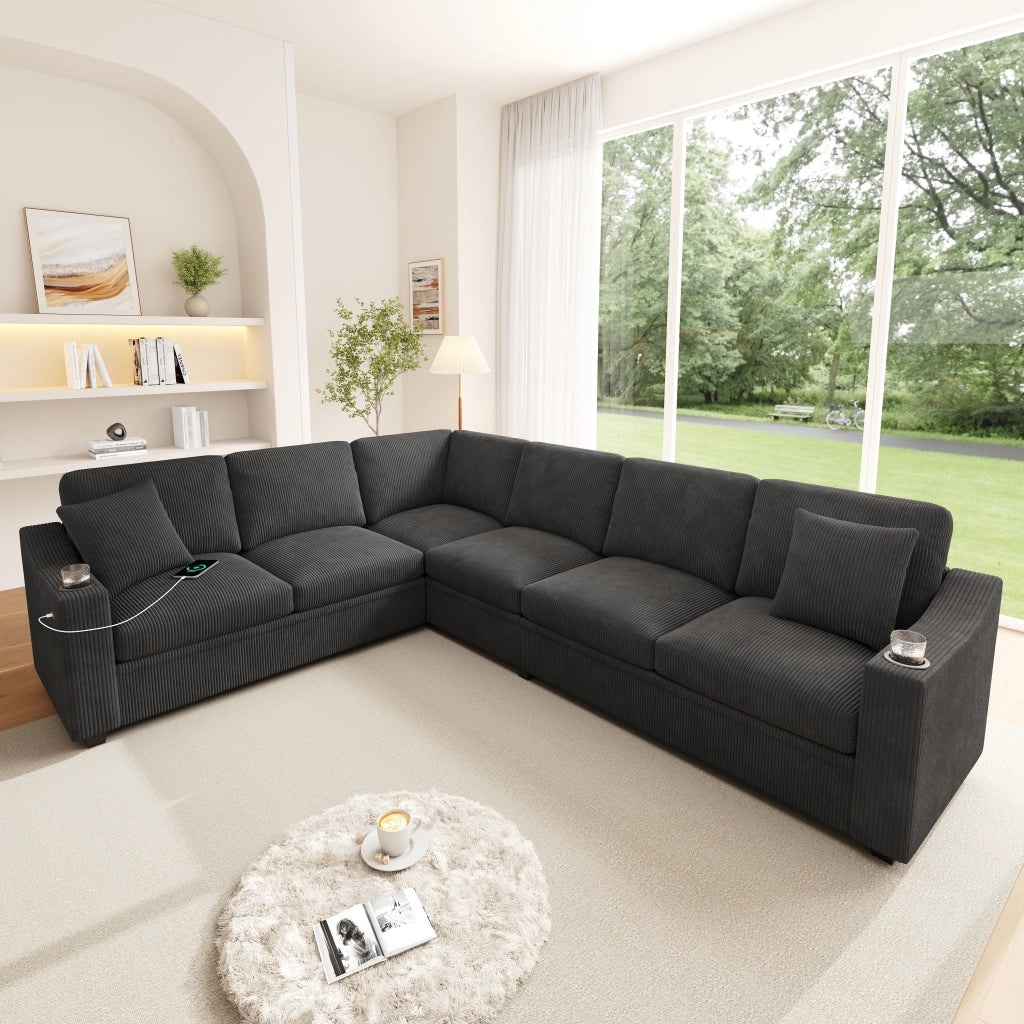 Divano angolare modulare a L 6 posti 277x215x85 cm; USB/Type-C a ricarica rapida; 2 portabicchieri; 2 cuscini; velluto a coste; grigio
