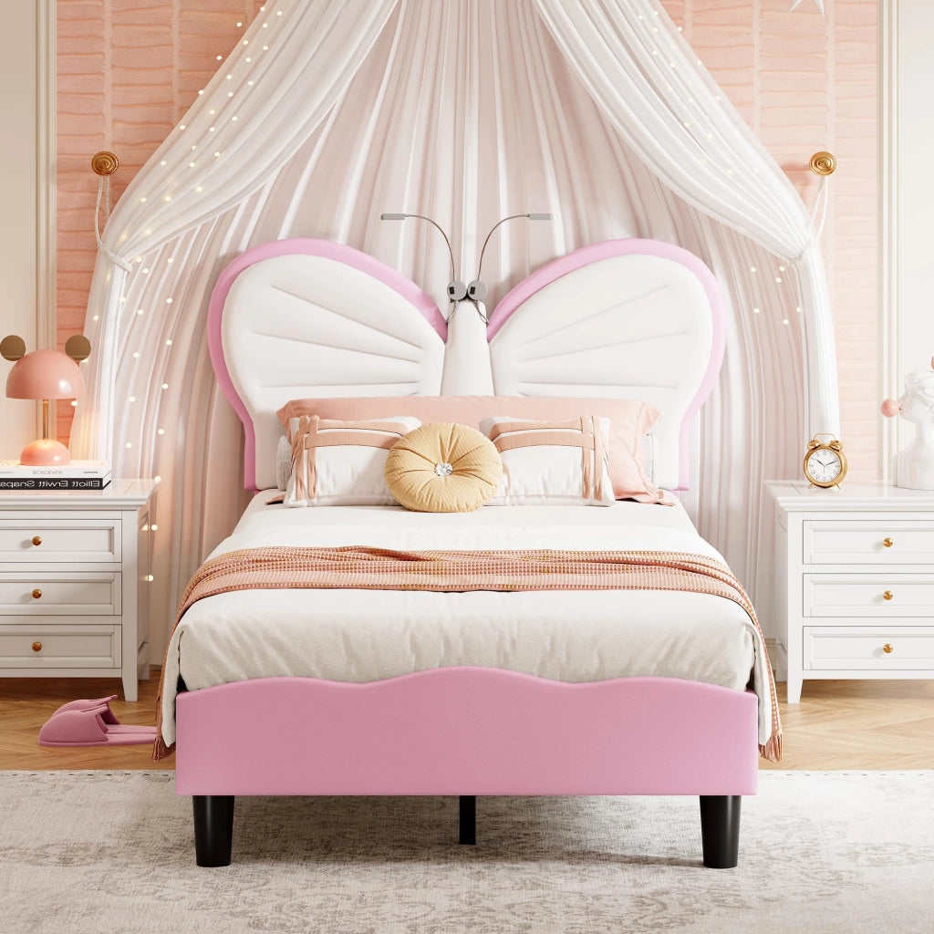 Letto Singolo 90x190 cm; Testiera Imbottita a Forma di Farfalla con Luci di Lettura; Struttura Letto per Bambini e Ragazzi; Senza Materasso