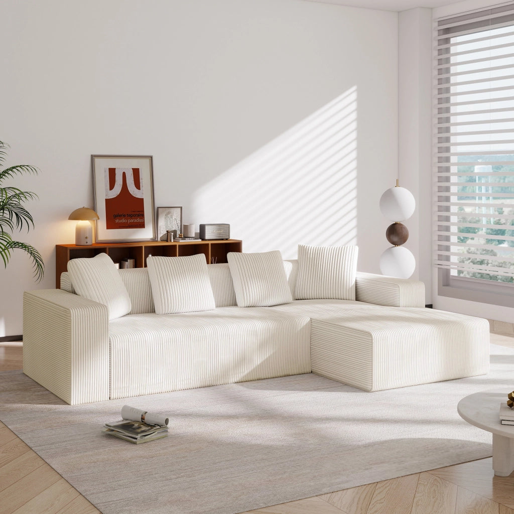 Divano modulare 3 posti con chaise longue e cuscini in velluto a coste bianco 261×146×65 cm