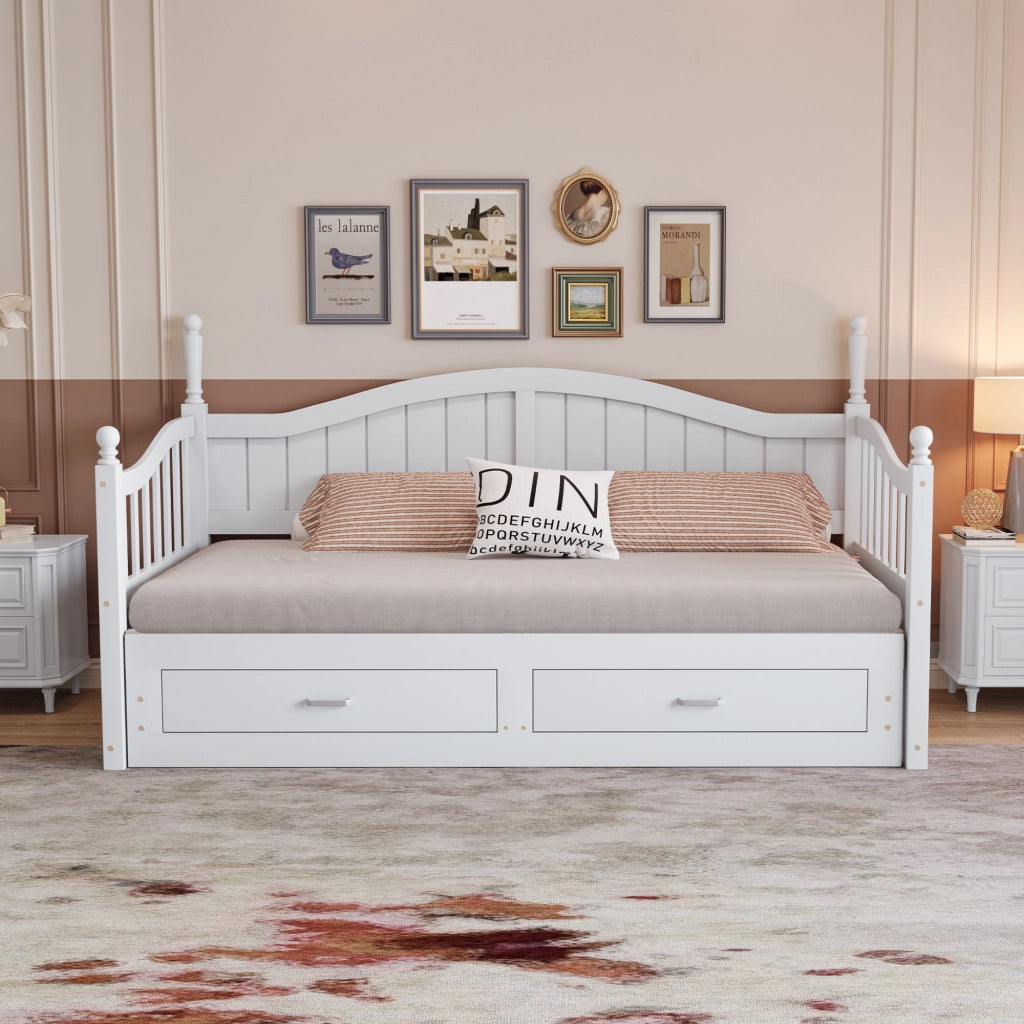 Divano Letto Estraibile in Legno Massello 90/180x190 cm con Cassetti e Rete a Doghe, Struttura in Legno di Pino Bianco