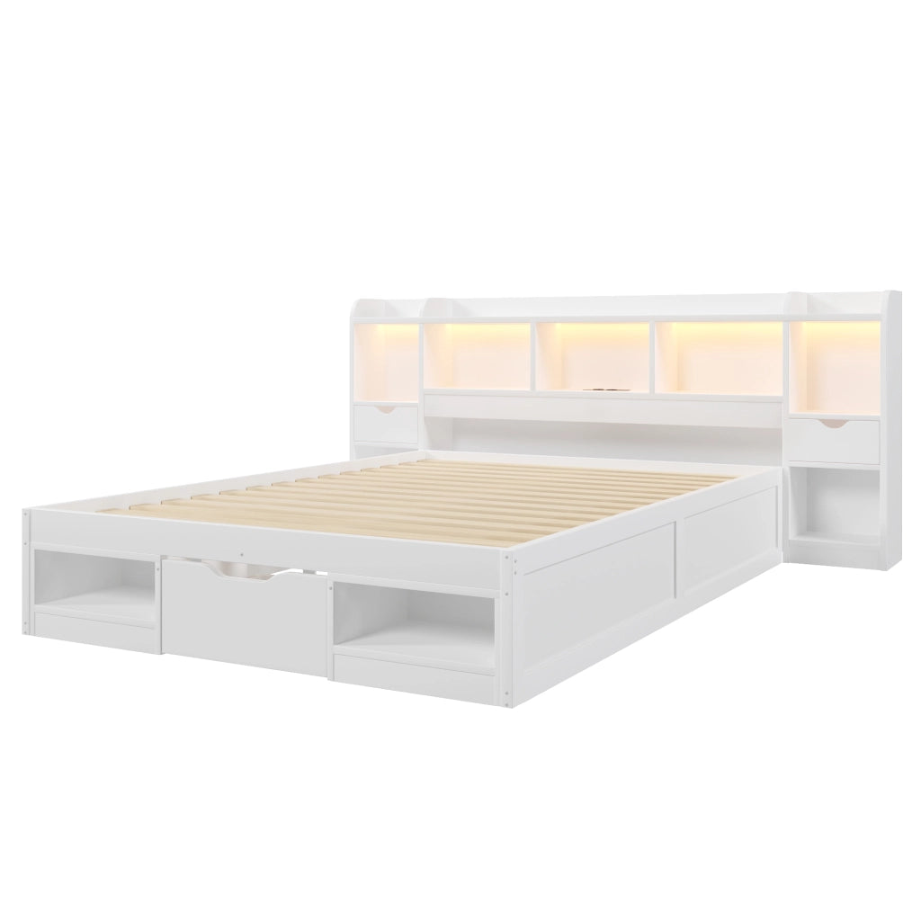 Letto contenitore 140x200 cm con testiera libreria, cassetti, LED e presa USB, bianco