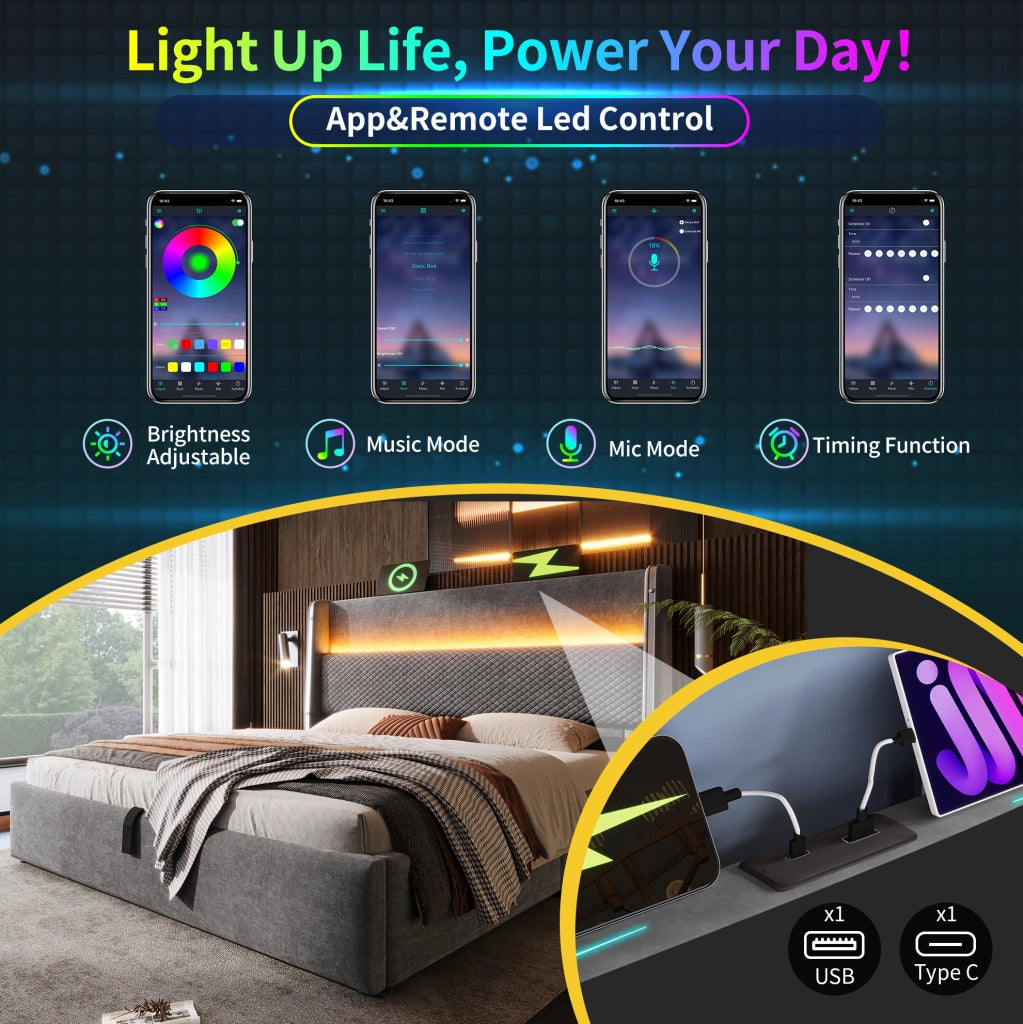 Letto matrimoniale contenitore idraulico 180 × 200 cm con LED; USB e Type-C; lino grigio