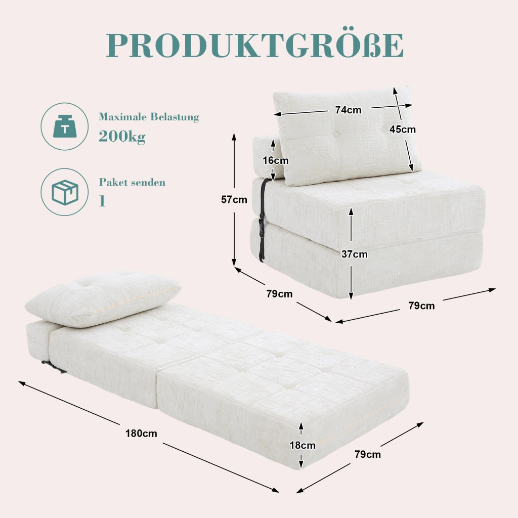 DIVANO LETTO Pieghevole 79x180x18 cm Chenille Beige