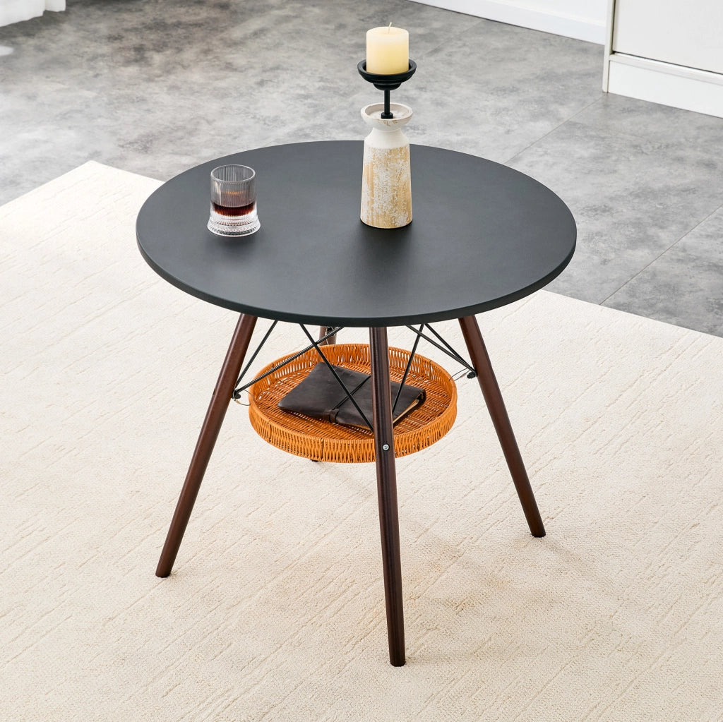 Tavolo da pranzo rotondo Ø80 cm nero e noce con cestino