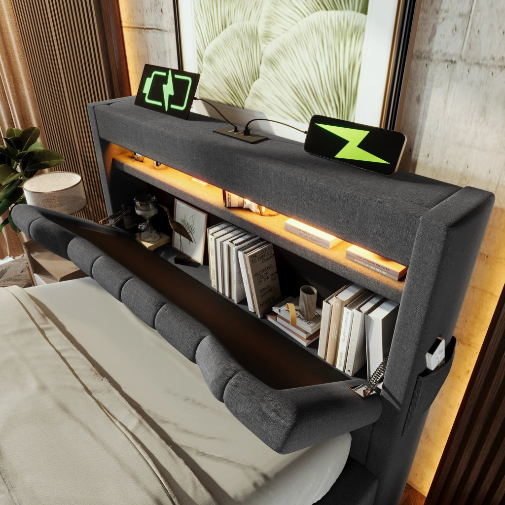 Letto singolo 90x200 cm grigio con contenitore e luci LED