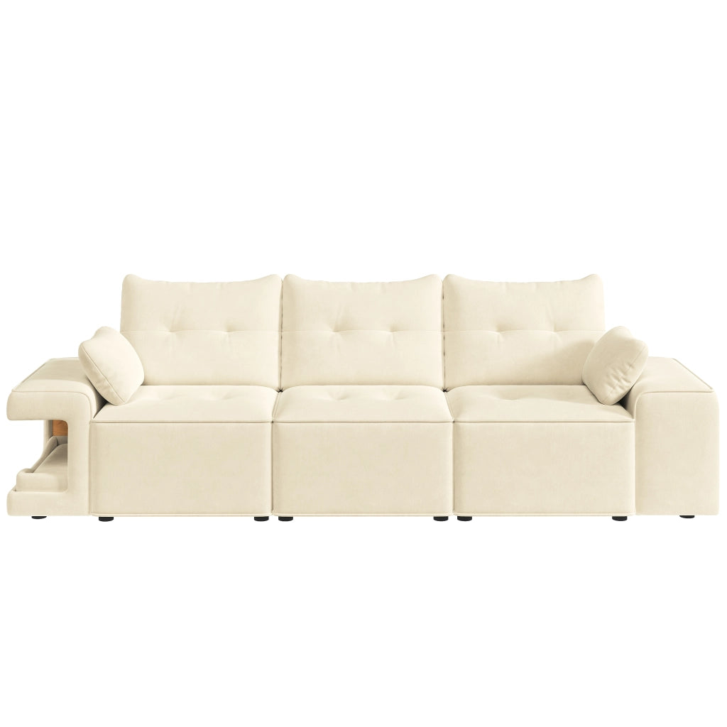 Divano modulare 3 posti con vani contenitore e nicchie imbottite per animali in velluto beige con 2 cuscini
