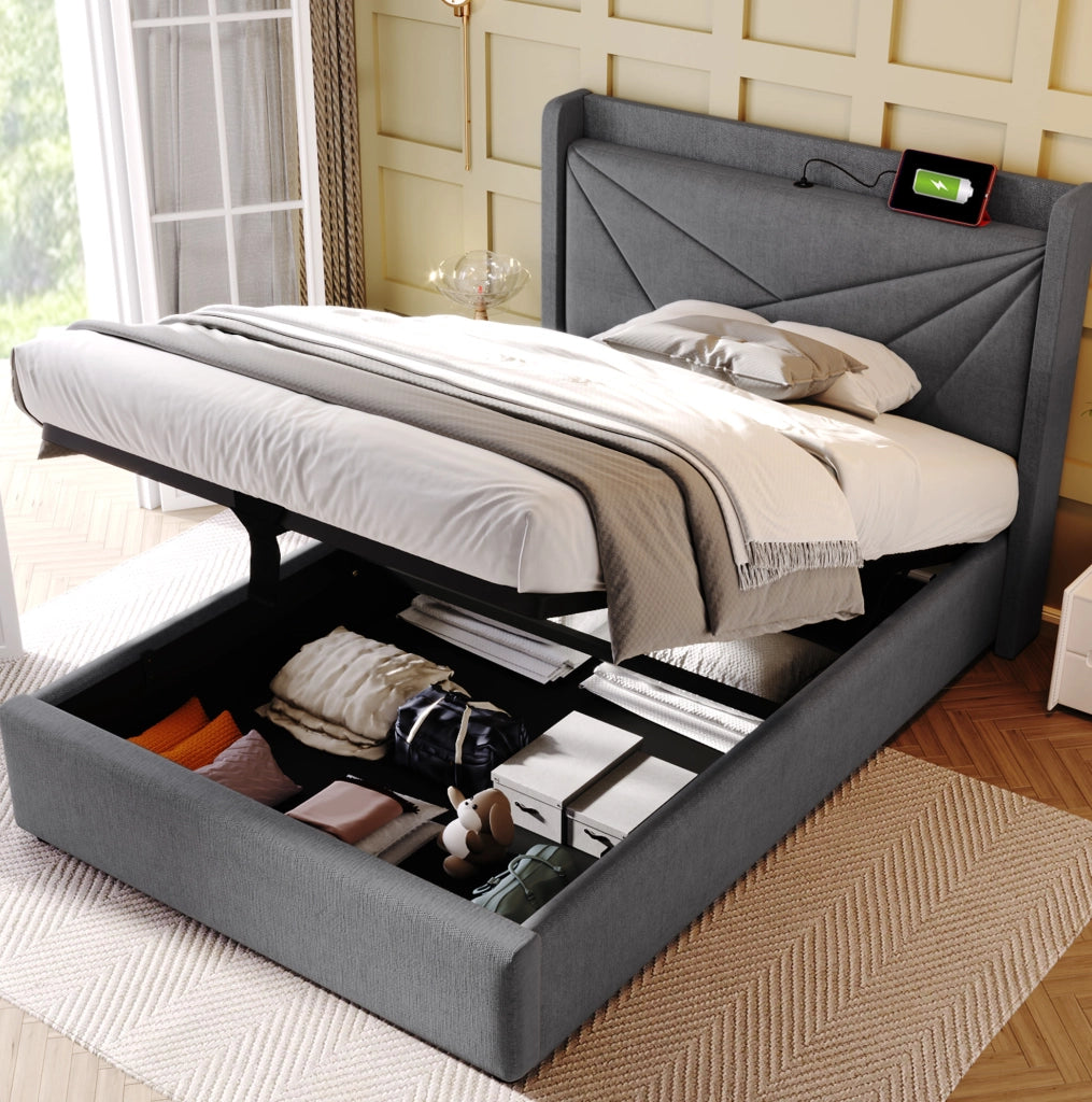 Letto singolo 90x200 cm grigio con contenitore, USB-C e materasso