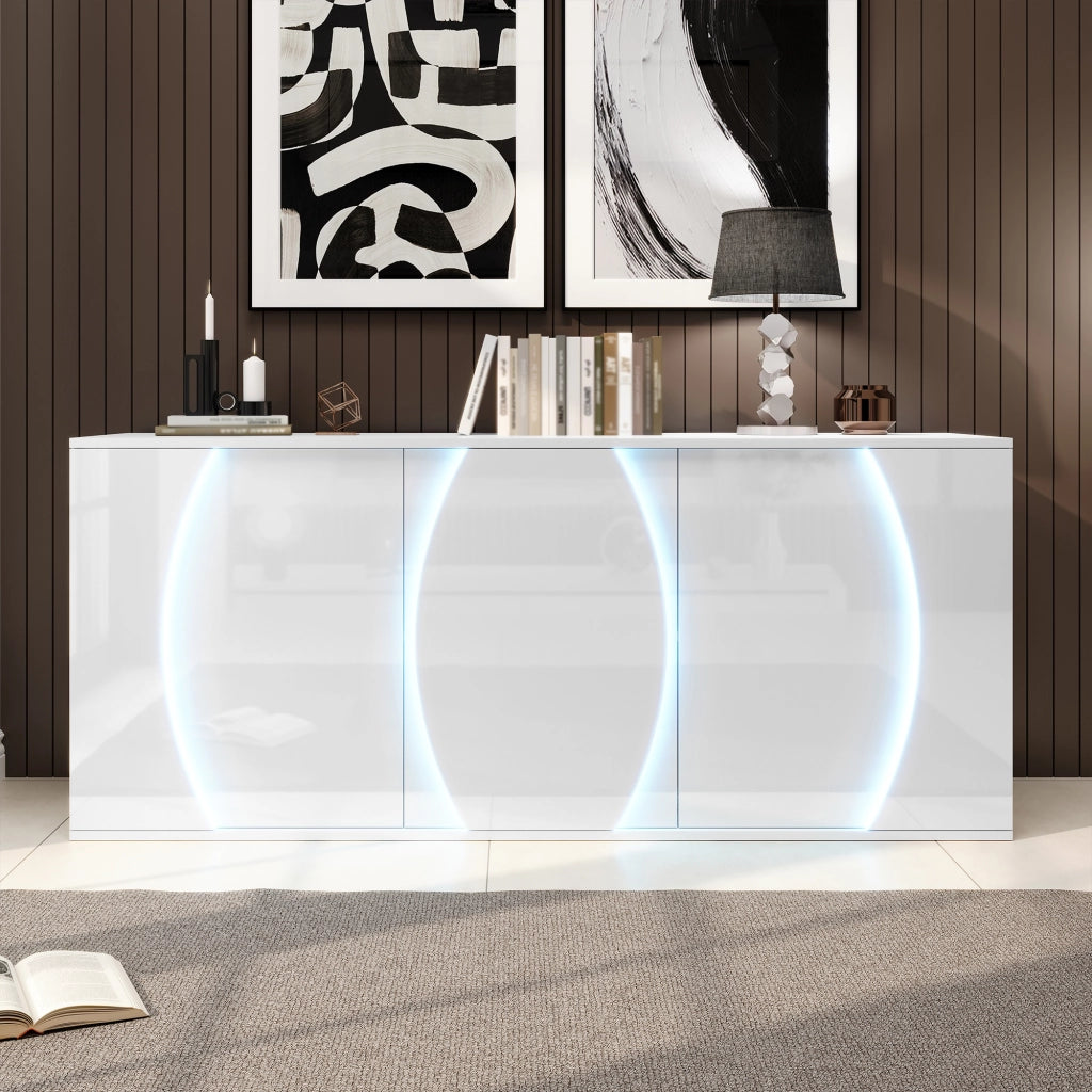 Credenza e madia LED autoportante con 3 ante e ripiani regolabili per soggiorno, in truciolare bianco, 150 × 40 × 70 cm
