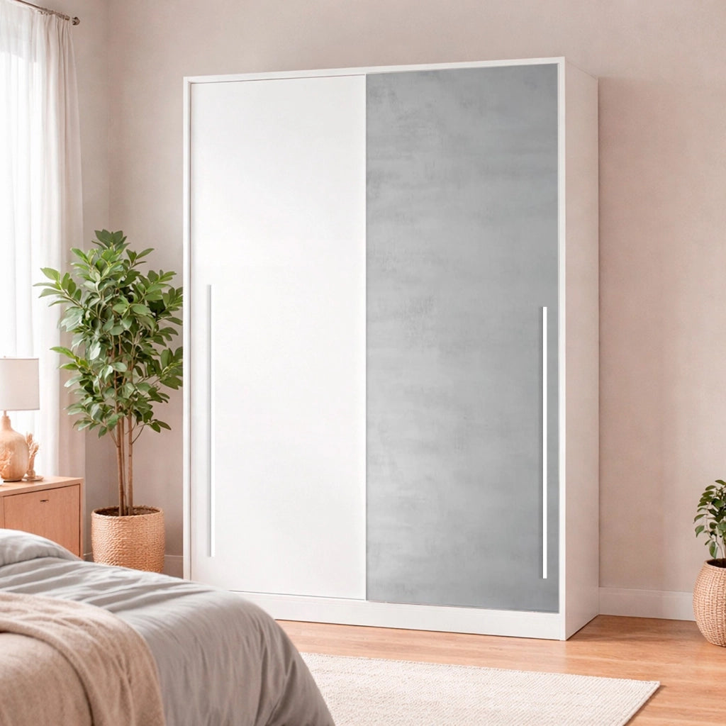 Armadio Guardaroba A Parete Con Ante Scorrevoli Barra Appendiabiti E 4 Ripiani Mobile Stile Scandinavo Per Camera Cameretta 200 x 120 x 50 Cm Colore Bianco E Grigio Cemento