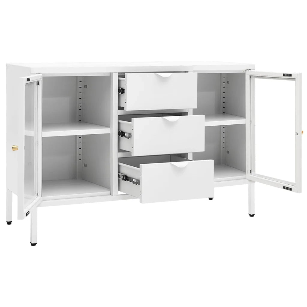 Credenza Bianca 105x35x70 cm in Acciaio e Vetro Temperato
