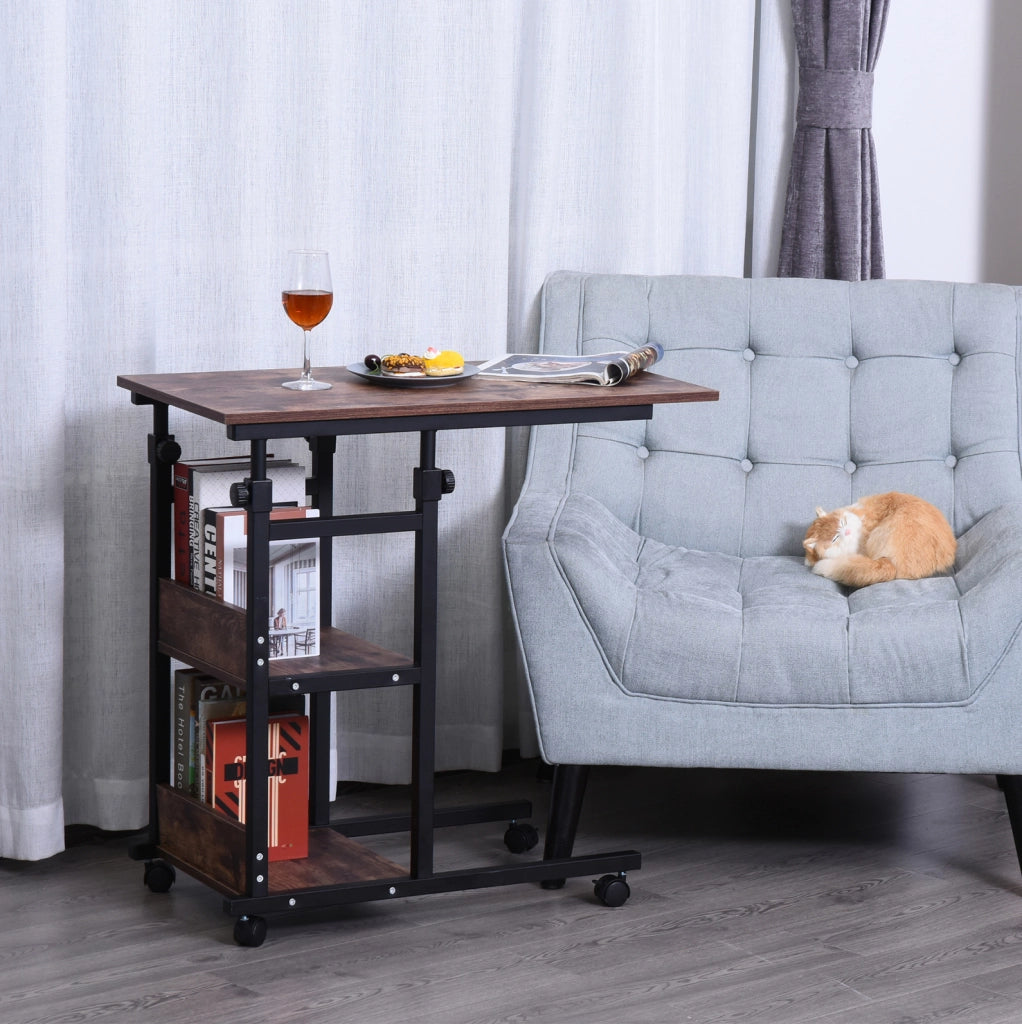 Tavolino regolabile con ruote 80x40x72-82 cm, metallo nero, 2 ripiani