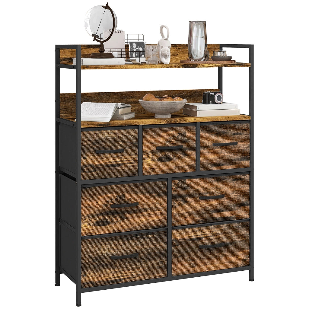 Cassettiera Stile Industriale con 7 Cassetti in Tessuto Rimovibili 79x29x101 cm Struttura in Legno e Acciaio Marrone e