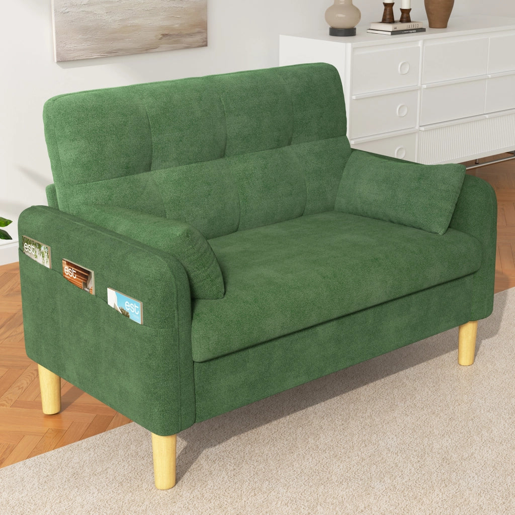 Divano 2 posti 119x78x85 cm con tasca laterale e 2 cuscini in ciniglia verde