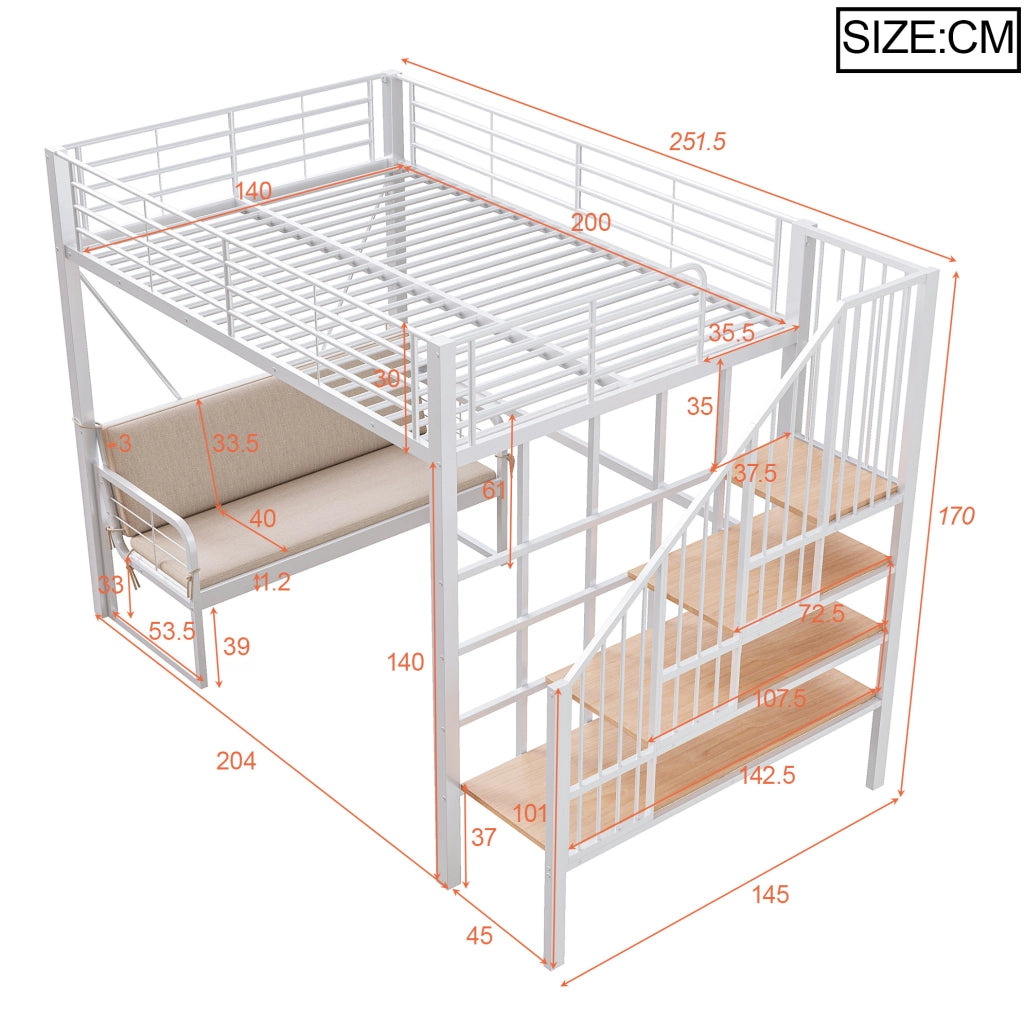 LETTO A CASTELLO 140x200 cm in metallo e MDF bianco con scala contenitore