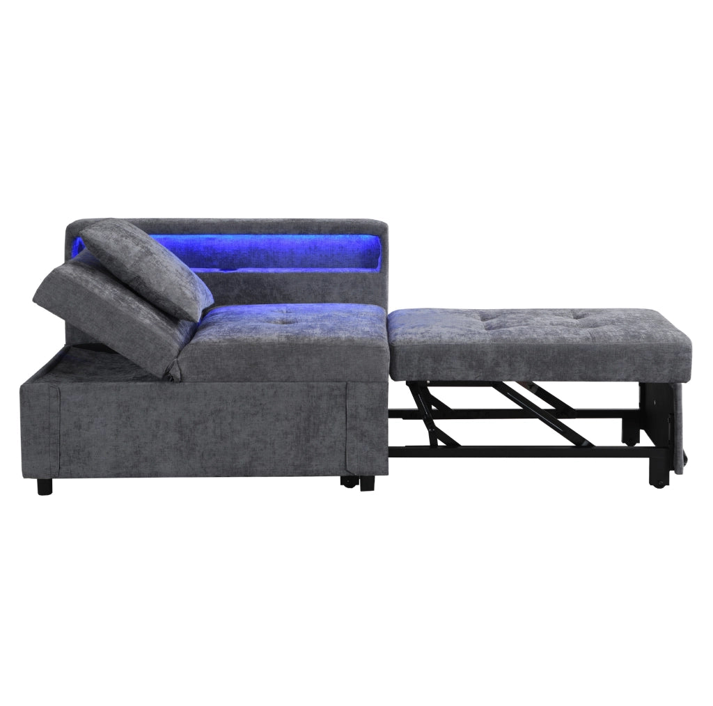 Divano letto 3 in 1 grigio chiaro con schienale regolabile, LED e ricarica