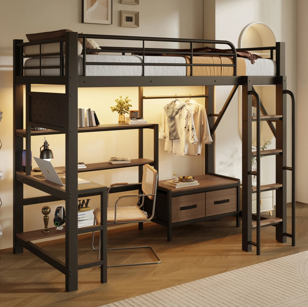 Letto a soppalco 90x200 cm con scrivania, scaffali, LED e USB
