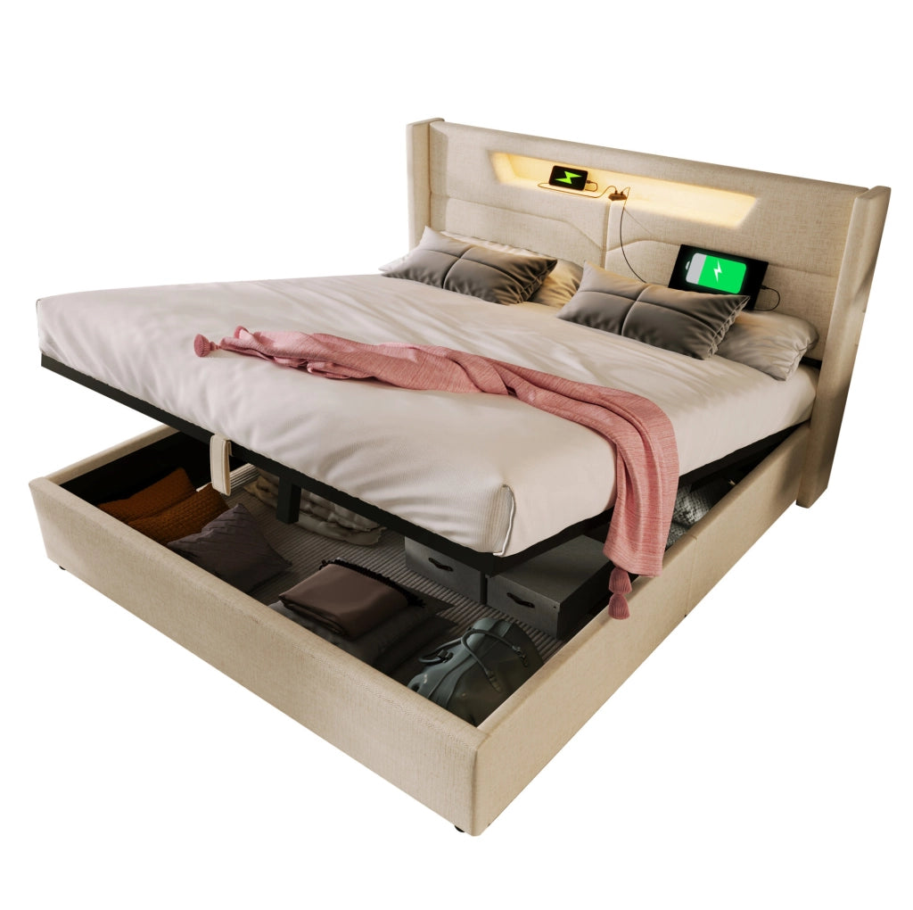 Letto matrimoniale imbottito con LED, USB e spazio contenitivo