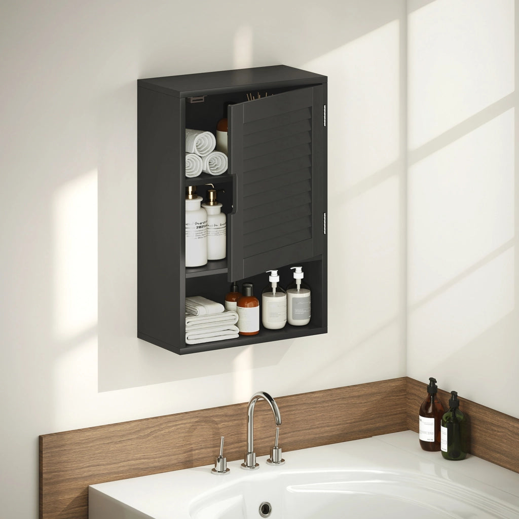 Armadietto Bagno a Parete Salvaspazio con Ripiano Regolabile e Anta Ammortizzata Mobile Pensile Moderno 40x20x60 cm Nero