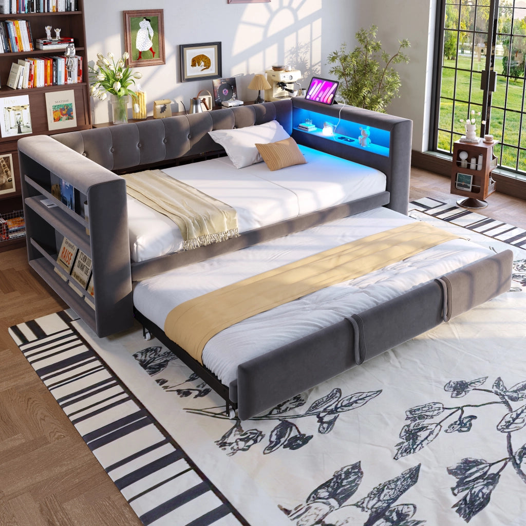 Letto multifunzione con LED prese e vani contenitore in flanella grigio scuro