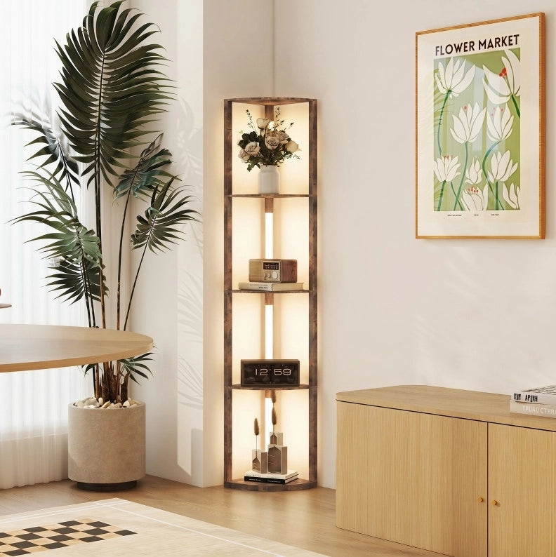 Lampada da terra LED dimmerabile con 5 ripiani, luce calda 3000K e interruttore a pedale, finitura marrone rustica