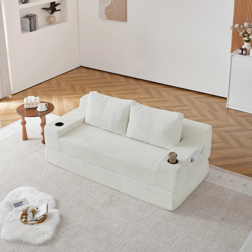 Divano letto 2 in 1 con portabevande e tasche laterali in velluto a coste beige
