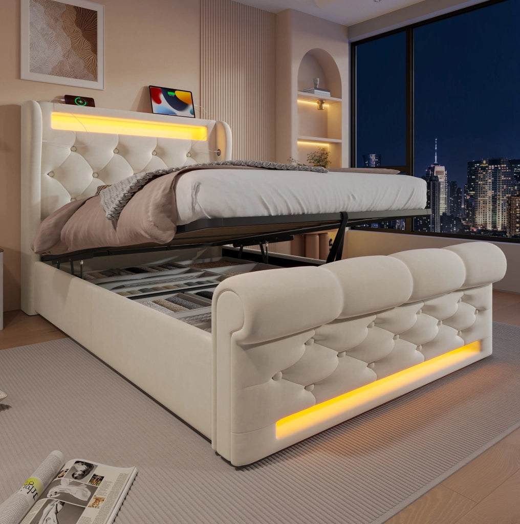 Letto imbottito con contenitore 90x200 cm in velluto beige, LED integrato e prese USB Type-C