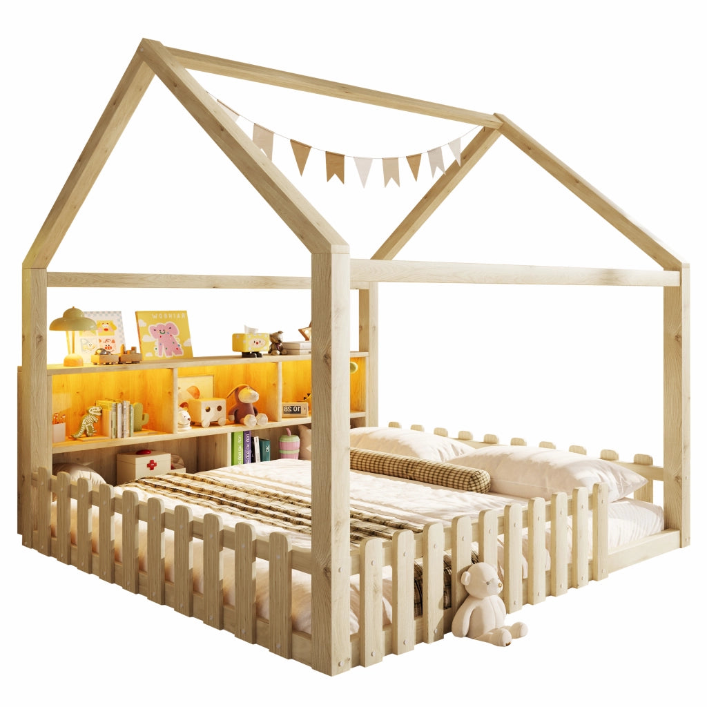 Letto a Casetta Bambini 140x190 cm LEMONMAX a Terra con Nicchie, LED, Sponde Rialzate, Struttura Pino MDF Naturale, Portata 200 kg, Salvaspazio