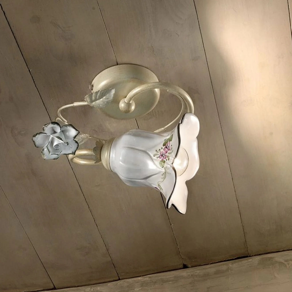Plafoniera Classica Pisa Metallo E Ceramica Bianco Sfumato Oro 1 Luce E14