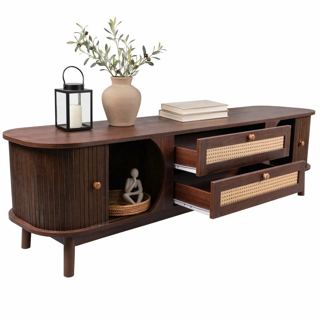 Mobile TV in MDF con ante in legno e cassetti in rattan, 170 x 46 x 39,5 cm, colore legno naturale