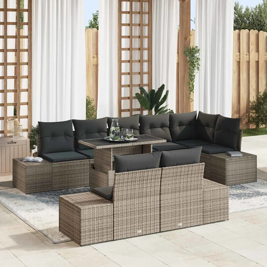 Set Divano da Giardino 9 pcs Grigio Poly Rattan