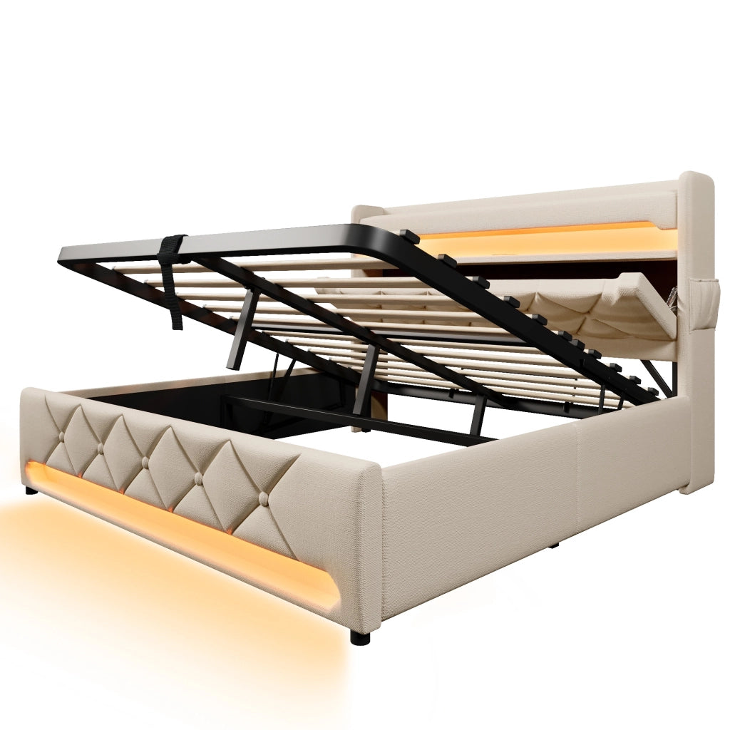 Letto contenitore imbottito beige 140 x 200 cm