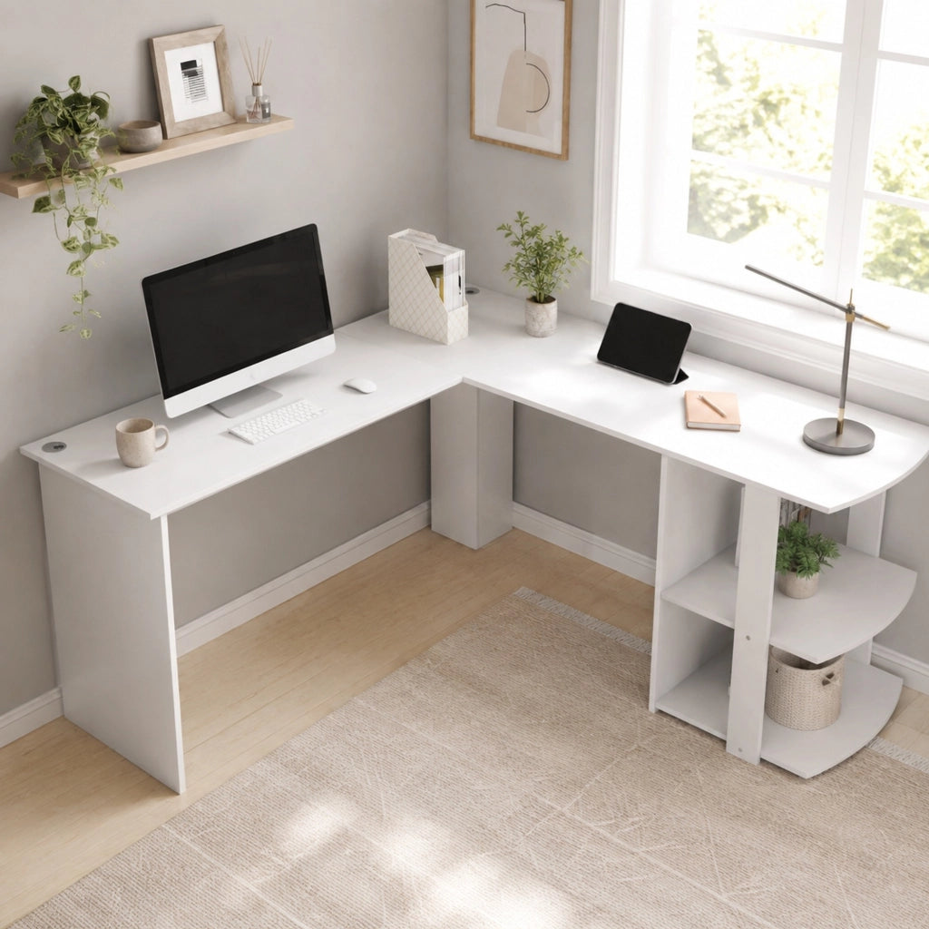 Scrivania angolare a L bianca 140 x 140 cm con 2 mensole, tavolo da lavoro in MDF