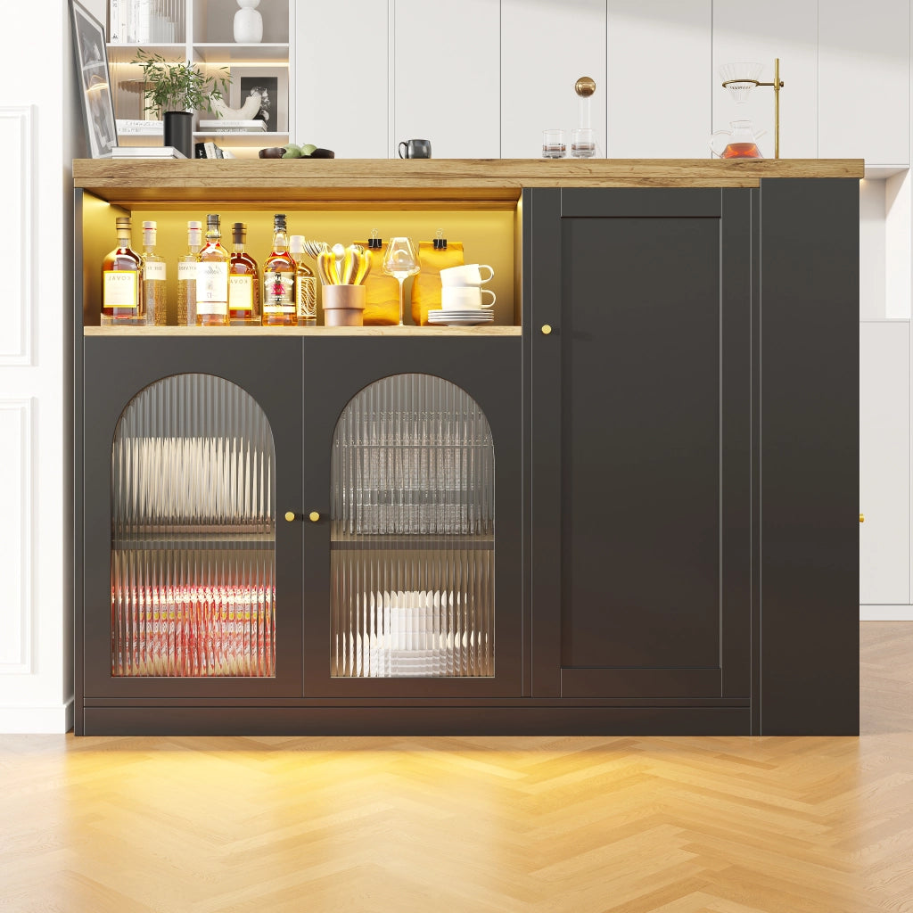 Tavolo alto girevole a 360° con mobile contenitore; ante in vetro Changhong e LED in MDF nero per cucina e soggiorno