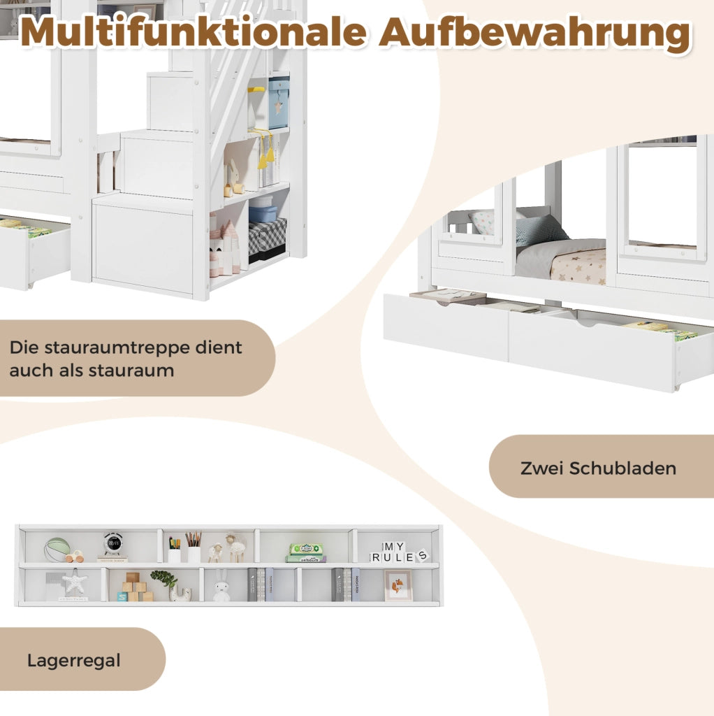 Letto a soppalco per bambini 90x200 cm con scala contenitore e cassetto in pino e MDF; bianco