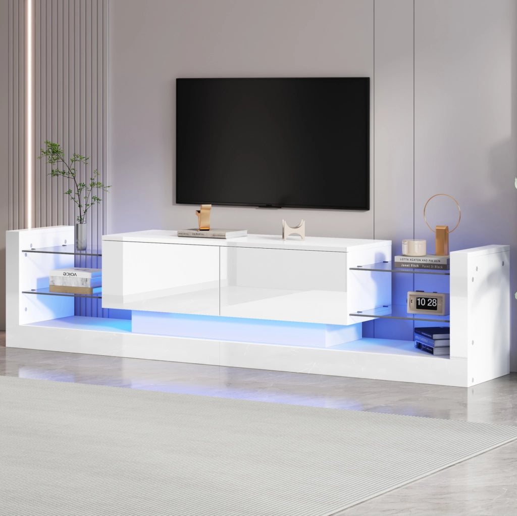 Mobile TV moderno 181 cm con LED; frontale in vetro e 2 cassetti ribaltabili; bianco