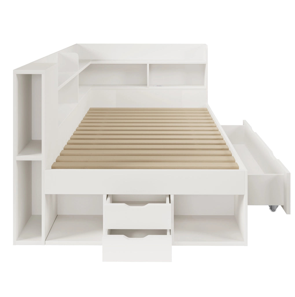 Letto singolo 90x200 cm bianco con LED, USB/Type-C, cassetti e ripiani
