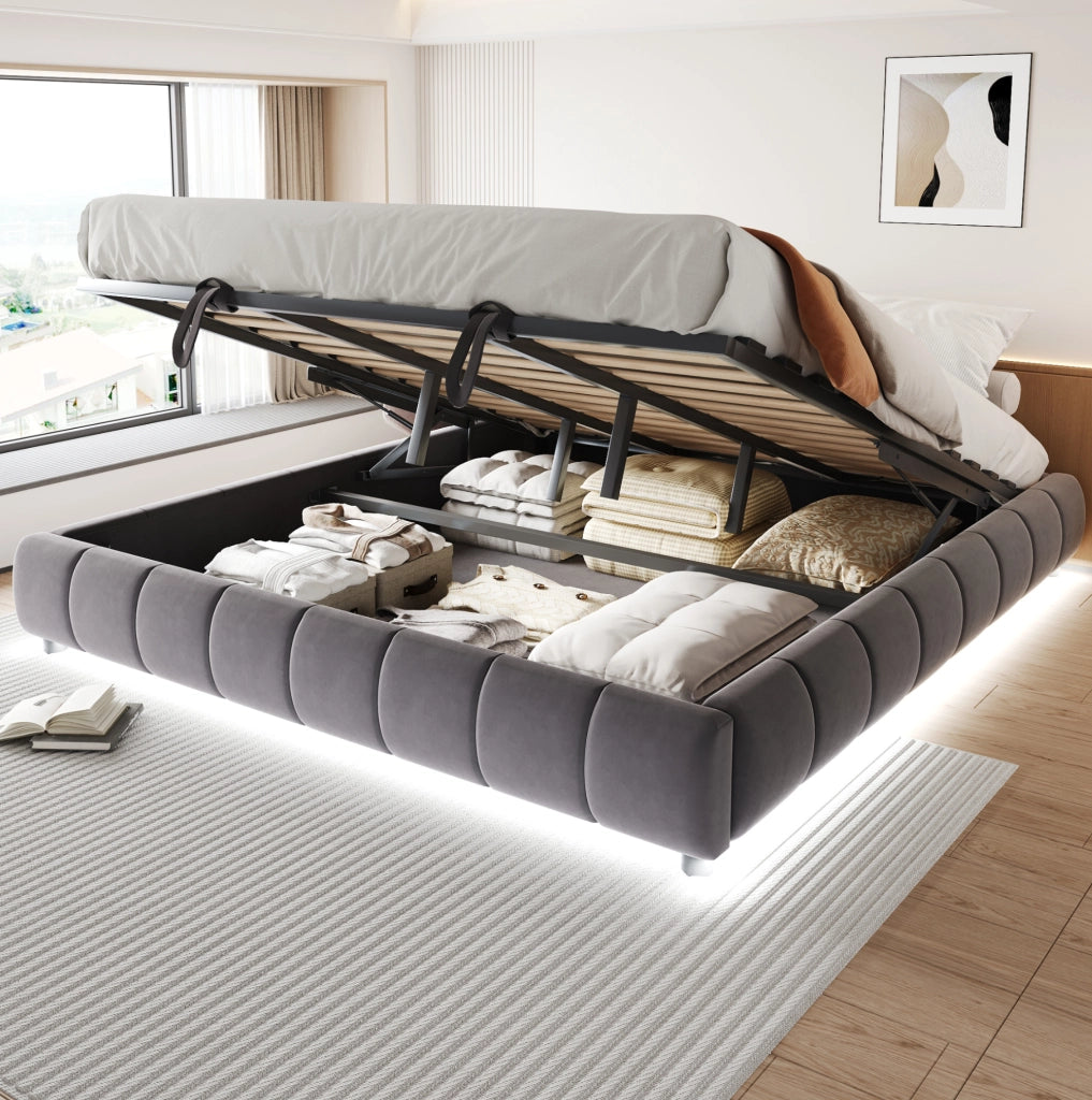 Letto imbottito 180x200 cm grigio con LED e contenitore