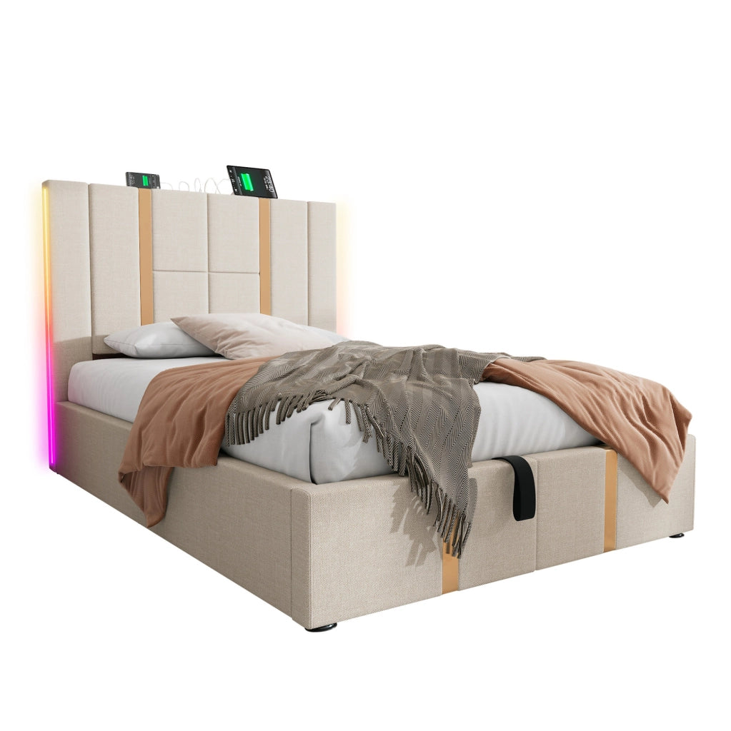 Letto imbottito 90x200 cm in lino beige con LED RGB, USB e Type-C, contenitore e rete a doghe