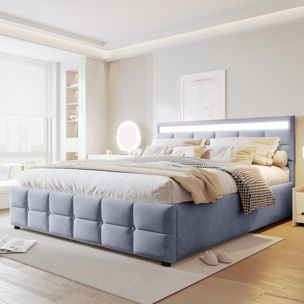 Letto Contenitore 180x200 cm; Sollevamento Idraulico; LED - in Velluto Grigio