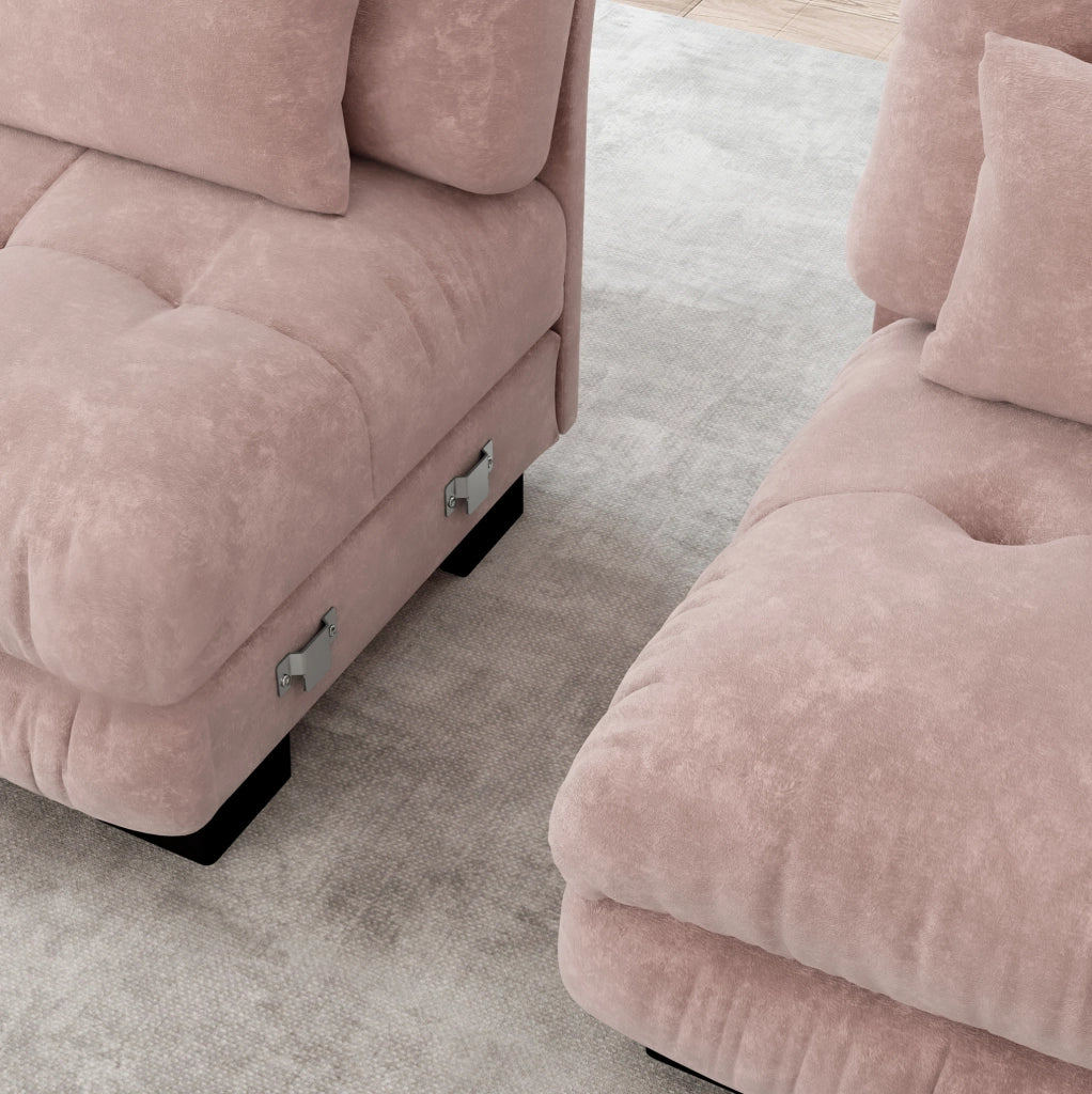 Divano modulare angolare 313x145x81 cm in ciniglia rosa con pouf mobili