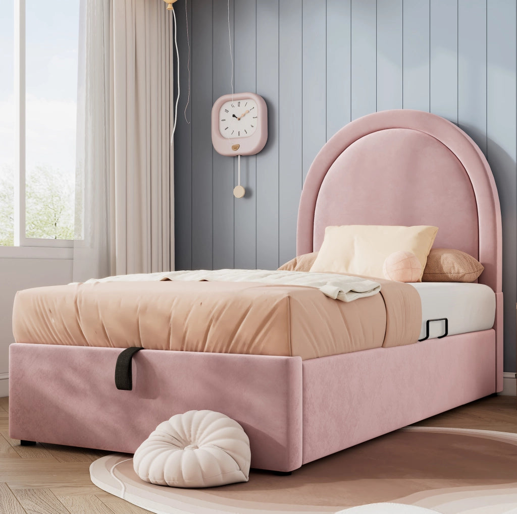 Letto singolo per bambini 90x190 in velluto rosa con contenitore， senza materasso